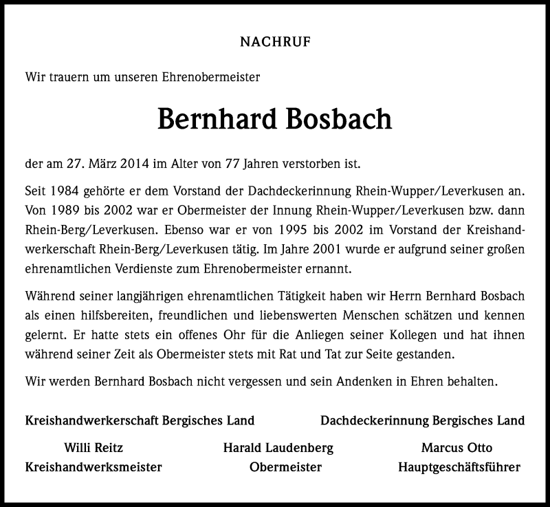  Traueranzeige für Bernhard Bosbach vom 02.04.2014 aus Kölner Stadt-Anzeiger / Kölnische Rundschau / Express