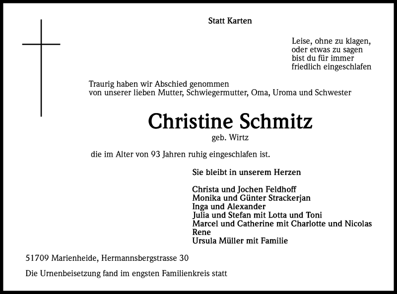  Traueranzeige für Christine Schmitz vom 05.04.2014 aus Kölner Stadt-Anzeiger / Kölnische Rundschau / Express