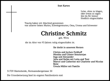 Anzeige von Christine Schmitz von Kölner Stadt-Anzeiger / Kölnische Rundschau / Express