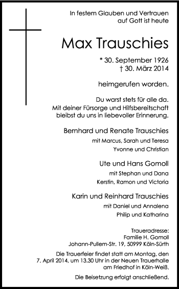 Anzeige von Max Trauschies von Kölner Stadt-Anzeiger / Kölnische Rundschau / Express