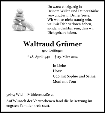 Anzeige von Waltraud Grümer von Kölner Stadt-Anzeiger / Kölnische Rundschau / Express