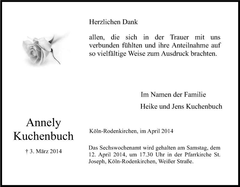  Traueranzeige für Annely Kuchenbuch vom 05.04.2014 aus Kölner Stadt-Anzeiger / Kölnische Rundschau / Express