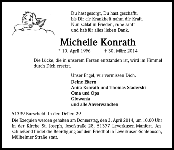 Anzeige von Michelle Konrath von Kölner Stadt-Anzeiger / Kölnische Rundschau / Express