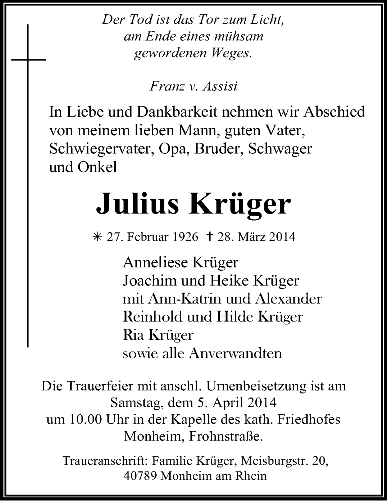  Traueranzeige für Julius Krüger vom 03.04.2014 aus Kölner Stadt-Anzeiger / Kölnische Rundschau / Express