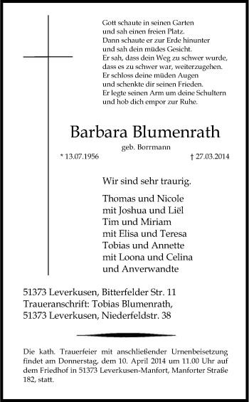 Anzeige von Barbara Blumenrath von Kölner Stadt-Anzeiger / Kölnische Rundschau / Express