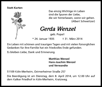 Anzeige von Gerda Wenzel von Kölner Stadt-Anzeiger / Kölnische Rundschau / Express