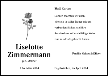 Anzeige von Liselotte Zimmermann von Kölner Stadt-Anzeiger / Kölnische Rundschau / Express
