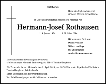 Anzeige von Hermann-Josef Rothausen von Kölner Stadt-Anzeiger / Kölnische Rundschau / Express