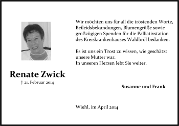 Anzeige von Renate Zwick von Kölner Stadt-Anzeiger / Kölnische Rundschau / Express