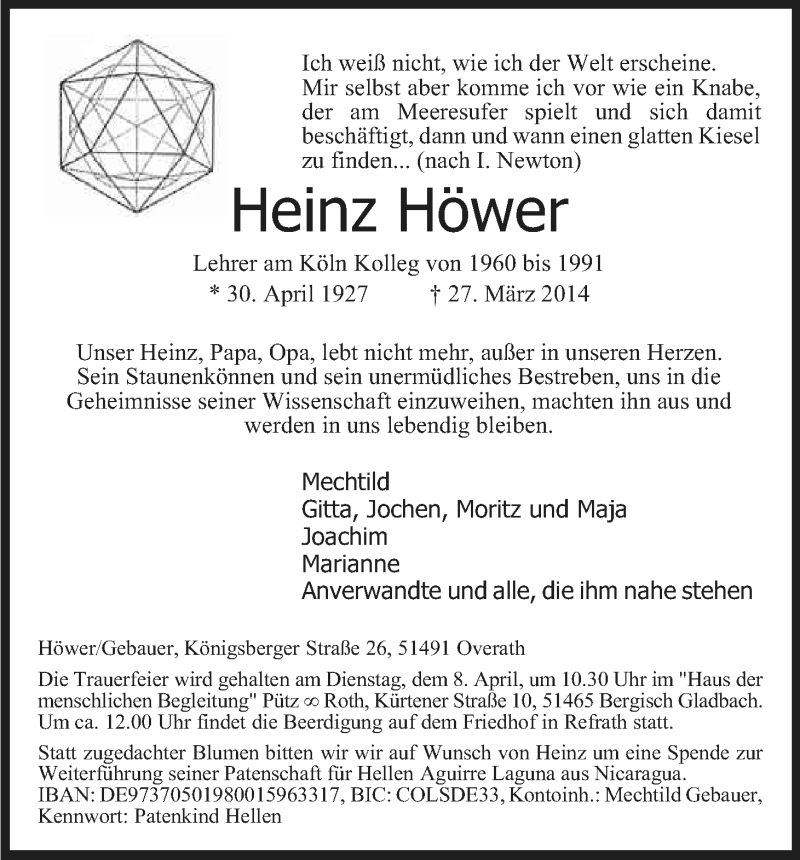  Traueranzeige für Heinz Höwer vom 03.04.2014 aus Kölner Stadt-Anzeiger / Kölnische Rundschau / Express