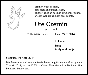 Anzeige von Ute Czernin von Kölner Stadt-Anzeiger / Kölnische Rundschau / Express