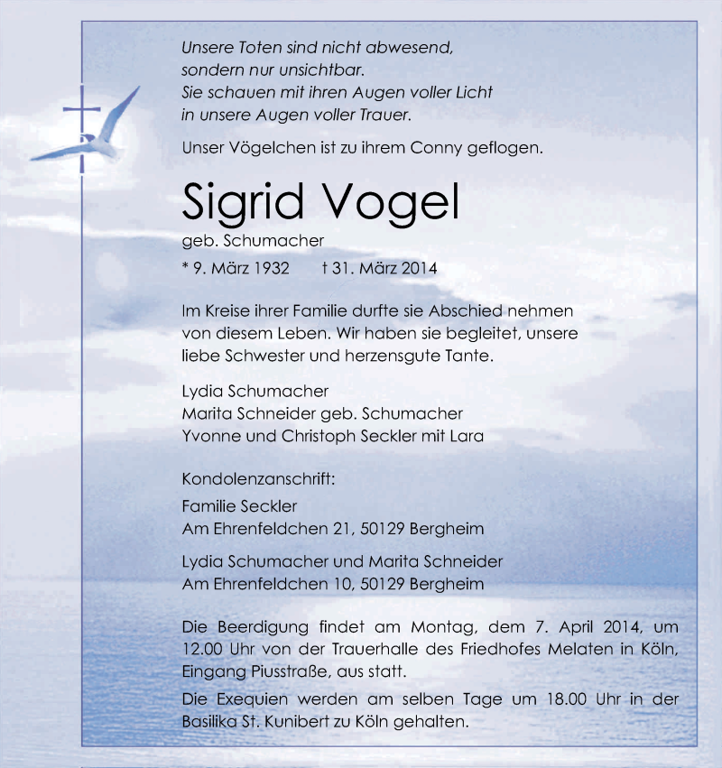  Traueranzeige für Sigrid Vogel vom 05.04.2014 aus Kölner Stadt-Anzeiger / Kölnische Rundschau / Express