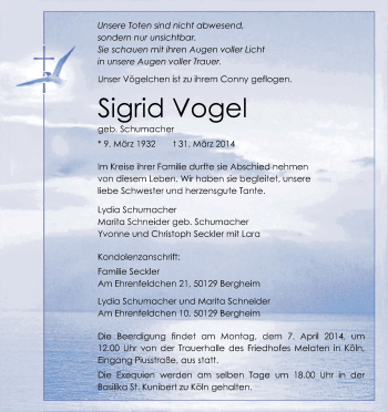 Anzeige von Sigrid Vogel von Kölner Stadt-Anzeiger / Kölnische Rundschau / Express