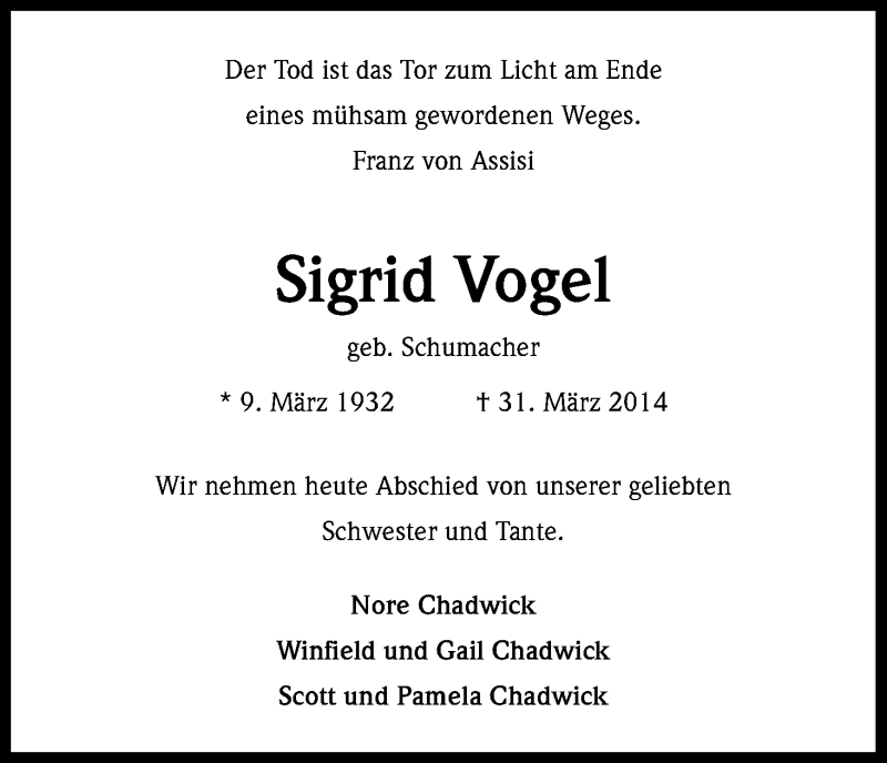  Traueranzeige für Sigrid Vogel vom 05.04.2014 aus Kölner Stadt-Anzeiger / Kölnische Rundschau / Express