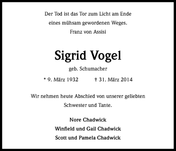 Anzeige von Sigrid Vogel von Kölner Stadt-Anzeiger / Kölnische Rundschau / Express