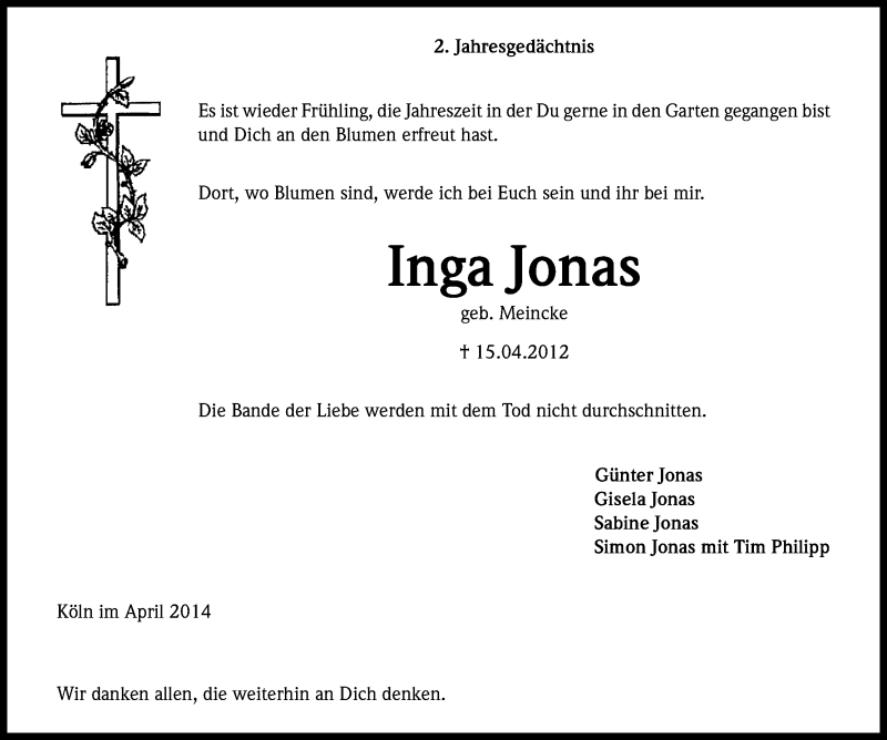  Traueranzeige für Inga Jonas vom 12.04.2014 aus Kölner Stadt-Anzeiger / Kölnische Rundschau / Express