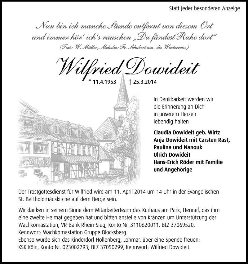  Traueranzeige für Wilfried Dowideit vom 05.04.2014 aus Kölner Stadt-Anzeiger / Kölnische Rundschau / Express