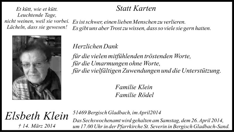  Traueranzeige für Elsbeth Klein vom 18.07.2023 aus Kölner Stadt-Anzeiger / Kölnische Rundschau / Express