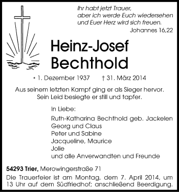 Anzeige von Heinz-Josef Bechthold von Kölner Stadt-Anzeiger / Kölnische Rundschau / Express