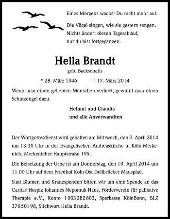 Anzeige von Hella Brandt von Kölner Stadt-Anzeiger / Kölnische Rundschau / Express