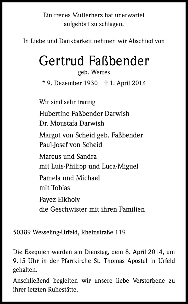  Traueranzeige für Gertrud Faßbender vom 05.04.2014 aus Kölner Stadt-Anzeiger / Kölnische Rundschau / Express
