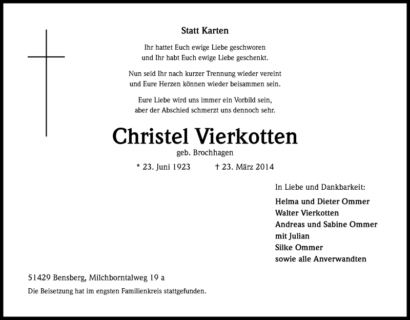  Traueranzeige für Christel Vierkotten vom 04.04.2014 aus Kölner Stadt-Anzeiger / Kölnische Rundschau / Express