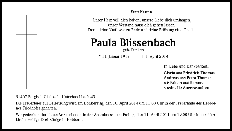  Traueranzeige für Paula Blissenbach vom 04.04.2014 aus Kölner Stadt-Anzeiger / Kölnische Rundschau / Express