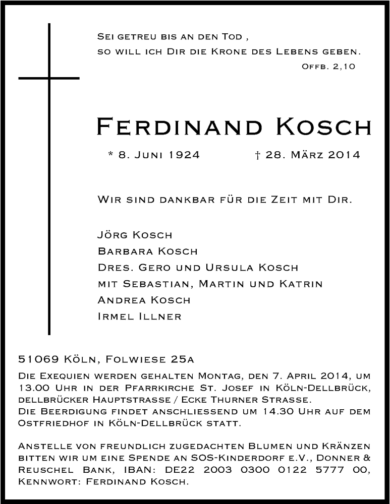  Traueranzeige für Ferdinand Kosch vom 05.04.2014 aus Kölner Stadt-Anzeiger / Kölnische Rundschau / Express