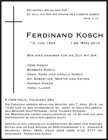 Anzeige von Ferdinand Kosch von Kölner Stadt-Anzeiger / Kölnische Rundschau / Express