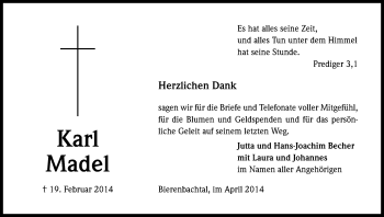 Anzeige von Karl Madel von Kölner Stadt-Anzeiger / Kölnische Rundschau / Express