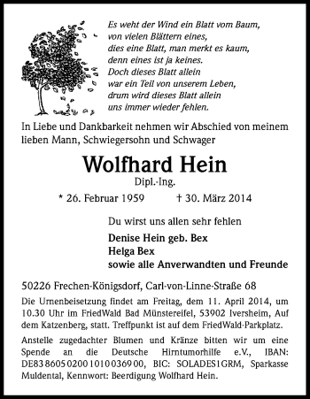 Anzeige von Wolfhard Hein von Kölner Stadt-Anzeiger / Kölnische Rundschau / Express