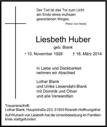 Anzeige von Liesbeth Huber von Kölner Stadt-Anzeiger / Kölnische Rundschau / Express