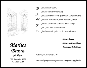 Anzeige von Marlies Braun von Kölner Stadt-Anzeiger / Kölnische Rundschau / Express