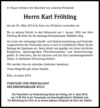 Anzeige von Karl Fröhling von Kölner Stadt-Anzeiger / Kölnische Rundschau / Express