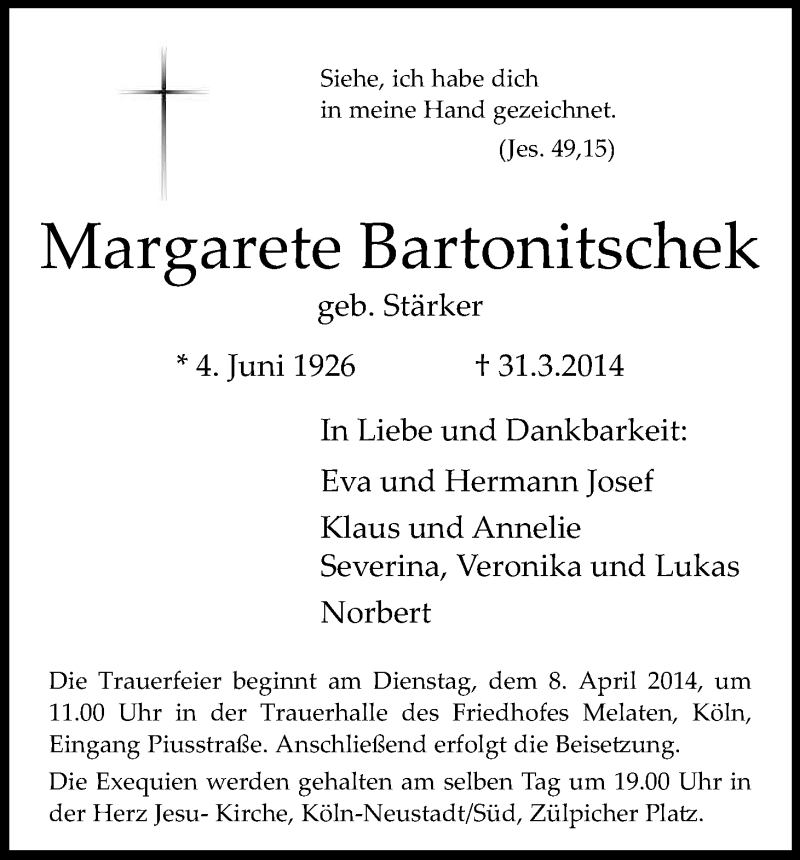  Traueranzeige für Margarete Bartonitschek vom 05.04.2014 aus Kölner Stadt-Anzeiger / Kölnische Rundschau / Express