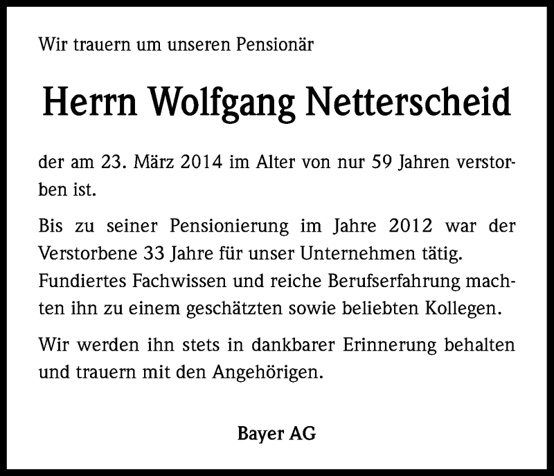  Traueranzeige für Wolfgang Netterscheid vom 04.04.2014 aus Kölner Stadt-Anzeiger / Kölnische Rundschau / Express