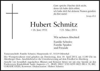 Anzeige von Hubert Schmitz von Kölner Stadt-Anzeiger / Kölnische Rundschau / Express