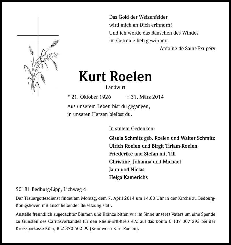  Traueranzeige für Kurt Roelen vom 04.04.2014 aus Kölner Stadt-Anzeiger / Kölnische Rundschau / Express