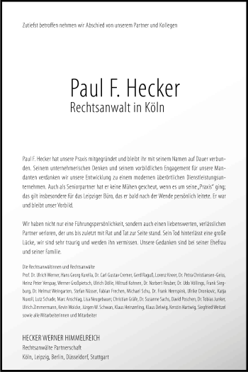 Anzeige von Paul Hecker von Kölner Stadt-Anzeiger / Kölnische Rundschau / Express