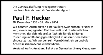 Anzeige von Paul Hecker von Kölner Stadt-Anzeiger / Kölnische Rundschau / Express