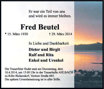 Anzeige von Fred Beutel von Kölner Stadt-Anzeiger / Kölnische Rundschau / Express