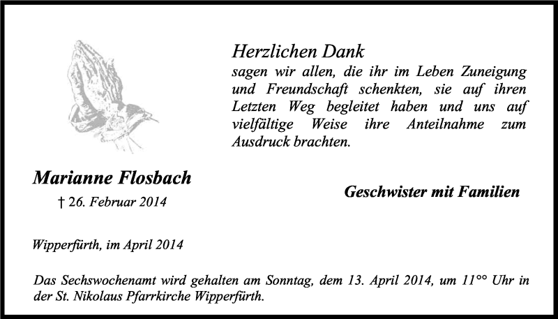  Traueranzeige für Marianne Flosbach vom 05.04.2014 aus Kölner Stadt-Anzeiger / Kölnische Rundschau / Express