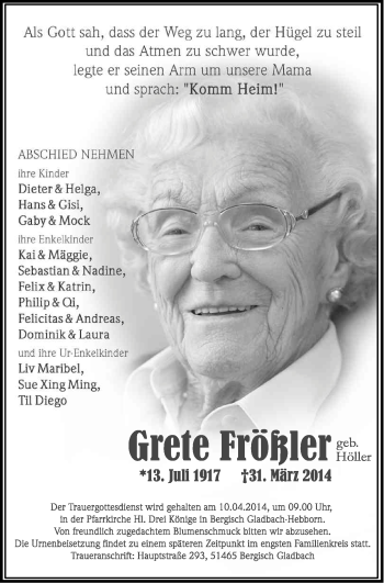 Anzeige von Grete Frößler von Kölner Stadt-Anzeiger / Kölnische Rundschau / Express