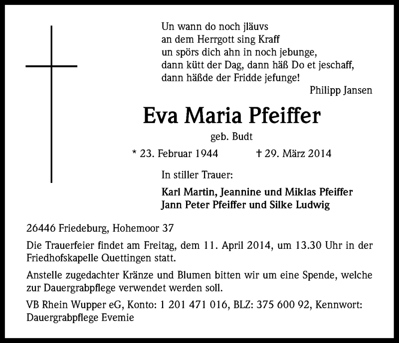  Traueranzeige für Eva Maria Pfeiffer vom 04.04.2014 aus Kölner Stadt-Anzeiger / Kölnische Rundschau / Express