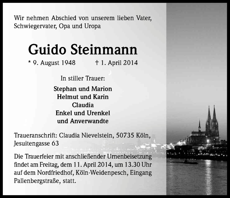  Traueranzeige für Guido Steinmann vom 05.04.2014 aus Kölner Stadt-Anzeiger / Kölnische Rundschau / Express