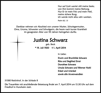 Anzeige von Justina Schwarz von Kölner Stadt-Anzeiger / Kölnische Rundschau / Express