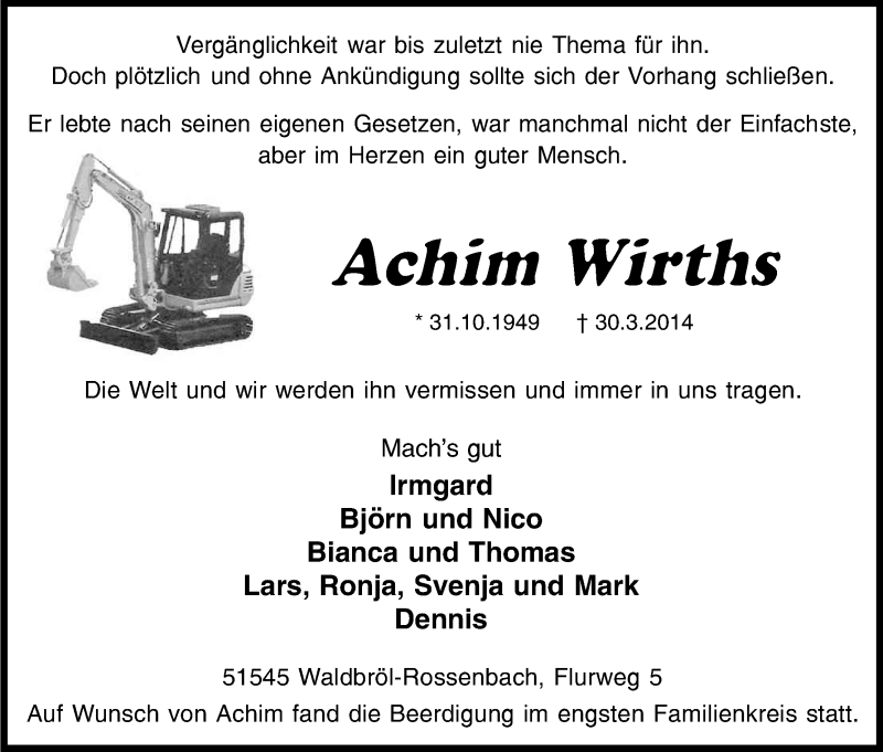  Traueranzeige für Achim Wirths vom 09.04.2014 aus Kölner Stadt-Anzeiger / Kölnische Rundschau / Express