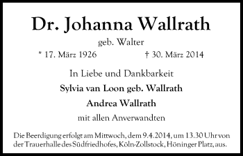 Anzeige von Johanna Wallrath von Kölner Stadt-Anzeiger / Kölnische Rundschau / Express