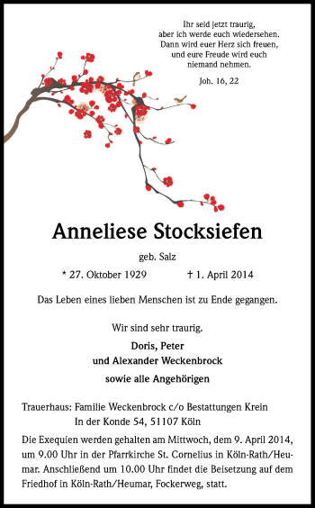 Anzeige von Anneliese Stocksiefen von Kölner Stadt-Anzeiger / Kölnische Rundschau / Express