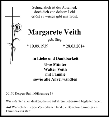Anzeige von Margarete Veith von Kölner Stadt-Anzeiger / Kölnische Rundschau / Express